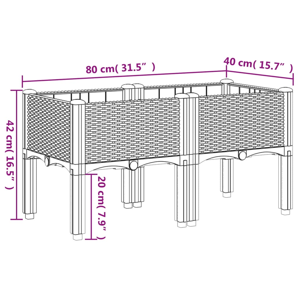 plantekasse med ben 80x40x42 cm PP lysegrå