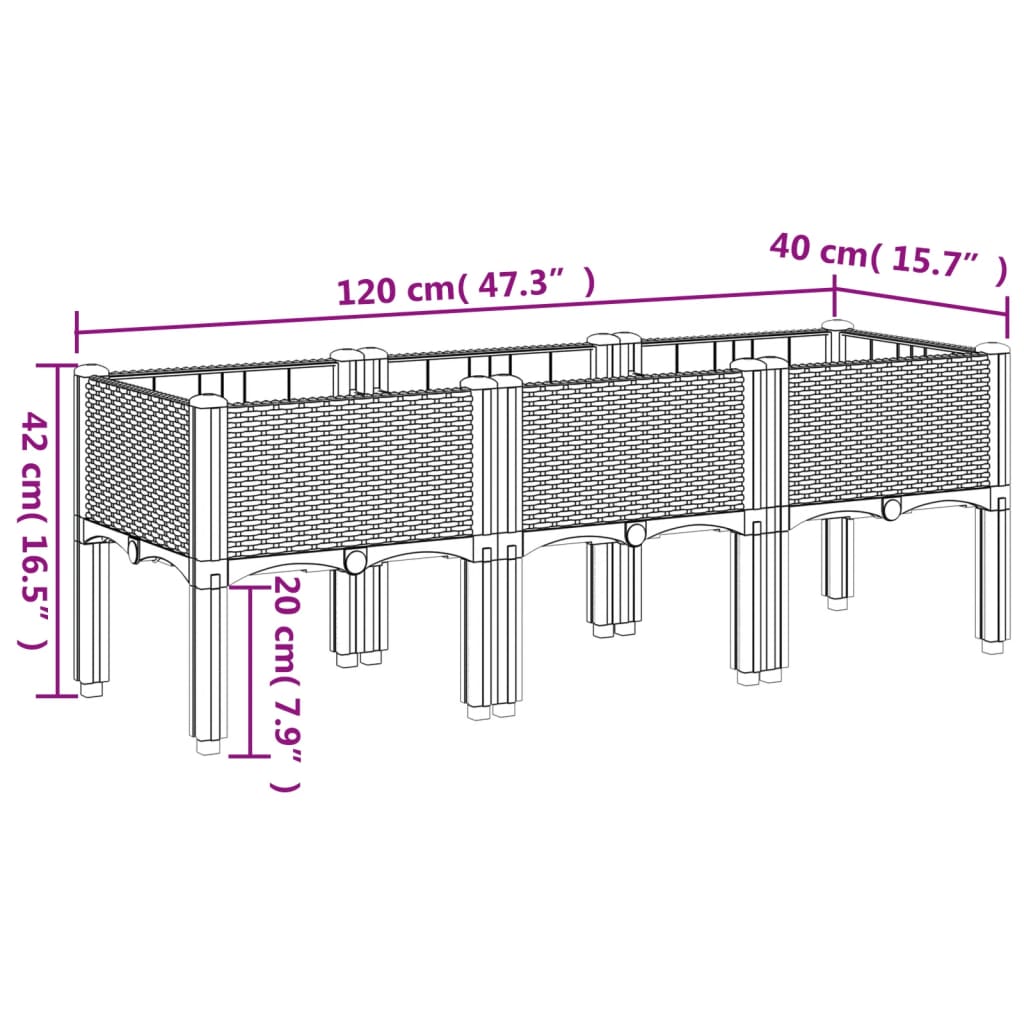 plantekasse med ben 120x40x42 cm PP brun