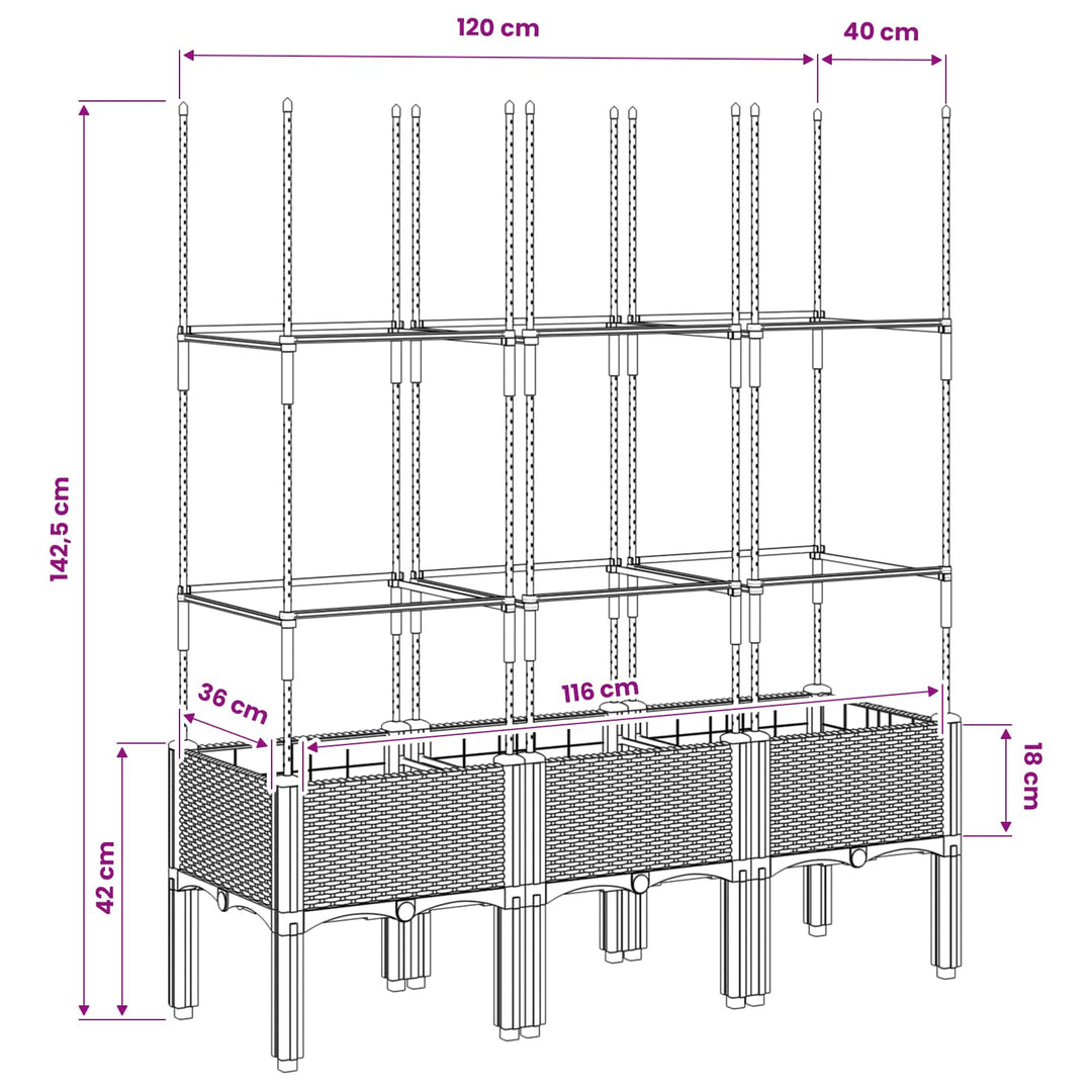 plantekasse med espalier 120x40x142,5 cm PP blågrå