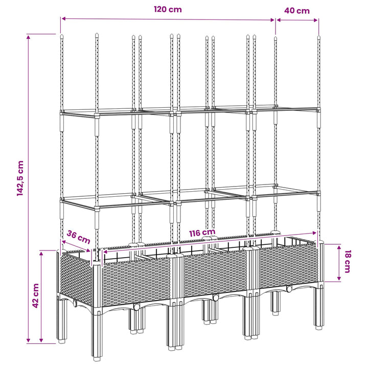 plantekasse med espalier 120x40x142,5 cm PP blågrå