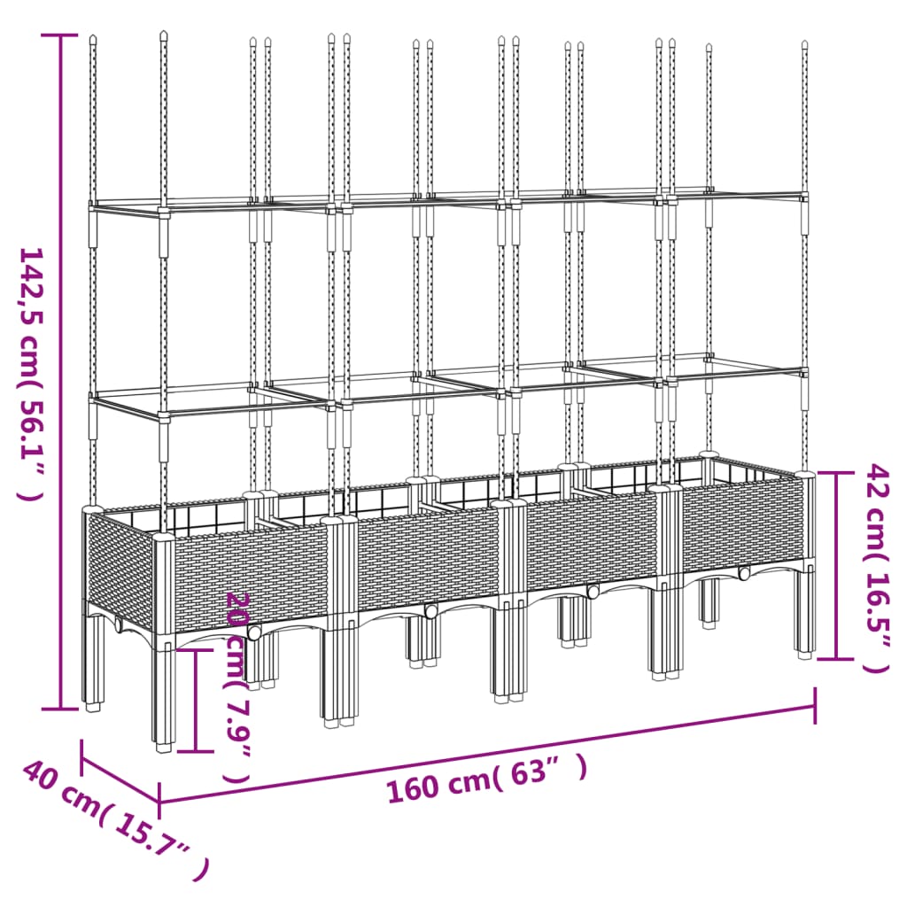 plantekasse med espalier 160x40x142,5 cm PP lysegrå