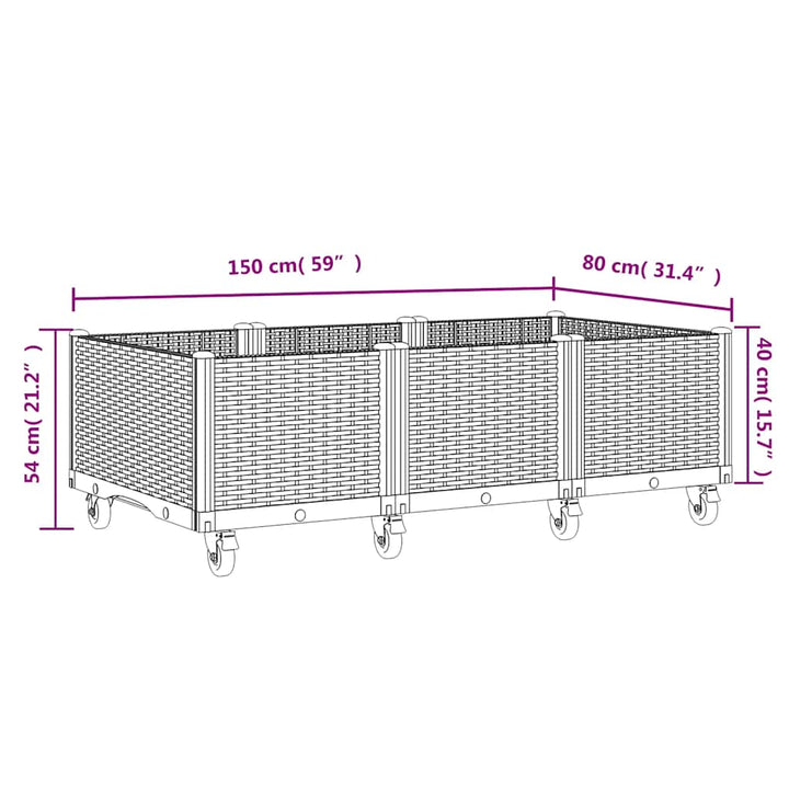 plantekasse med hjul 150x80x54 cm PP blågrå
