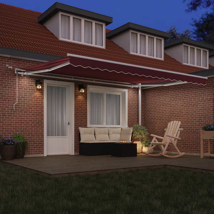 markise med LED-lys 450x300 cm automatisk betjening bordeaux