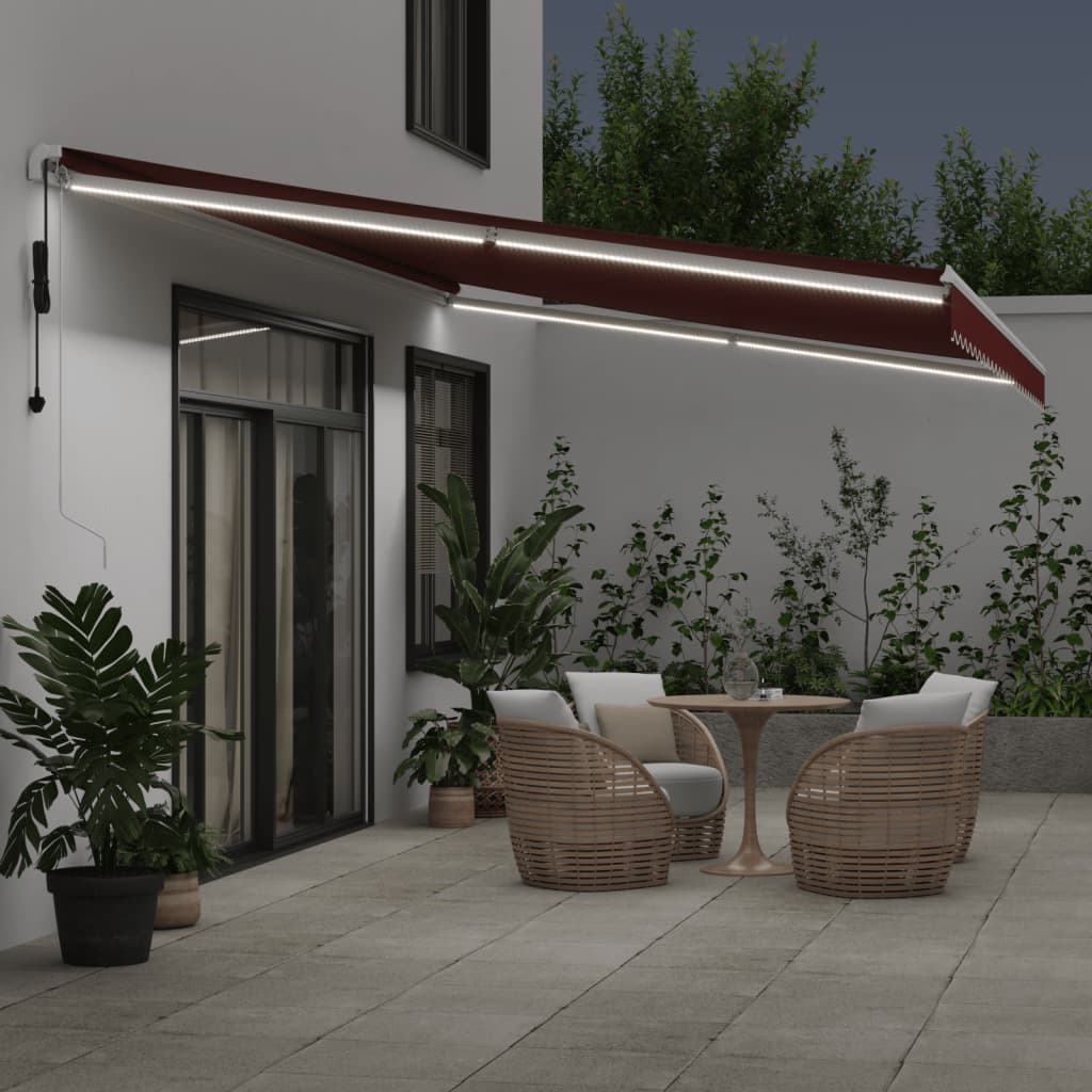 markise med LED-lys 600x350 cm automatisk betjening bordeaux