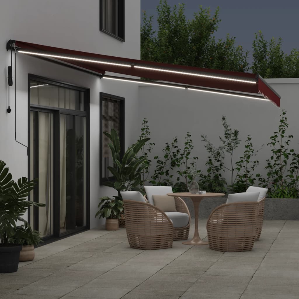 markise med LED-lys 450x350 cm automatisk betjening bordeaux