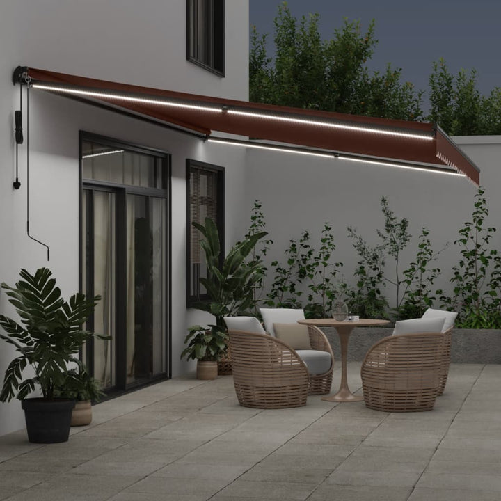 markise med LED-lys 500x350 cm automatisk betjening brun