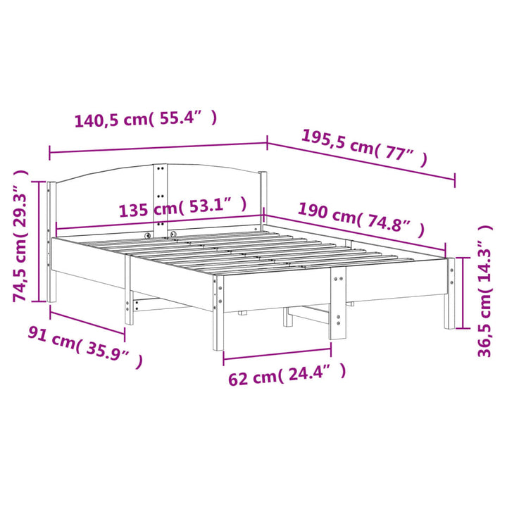 sengeramme uden madras 135x190 cm massivt fyrretræ brun