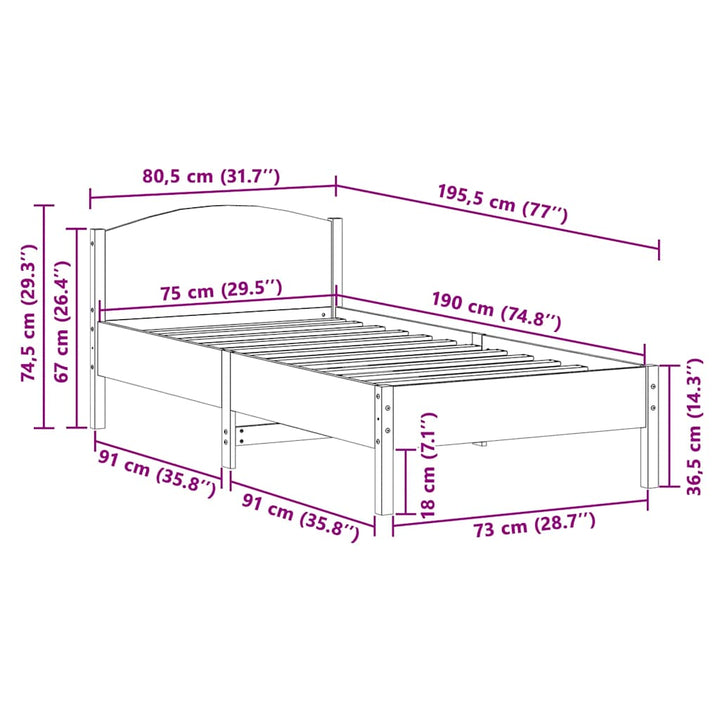 sengeramme uden madras 75x190 cm massivt fyrretræ hvid