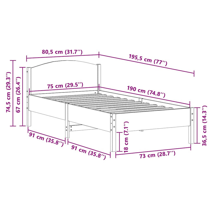 sengeramme uden madras 75x190 cm massivt fyrretræ gyldenbrun