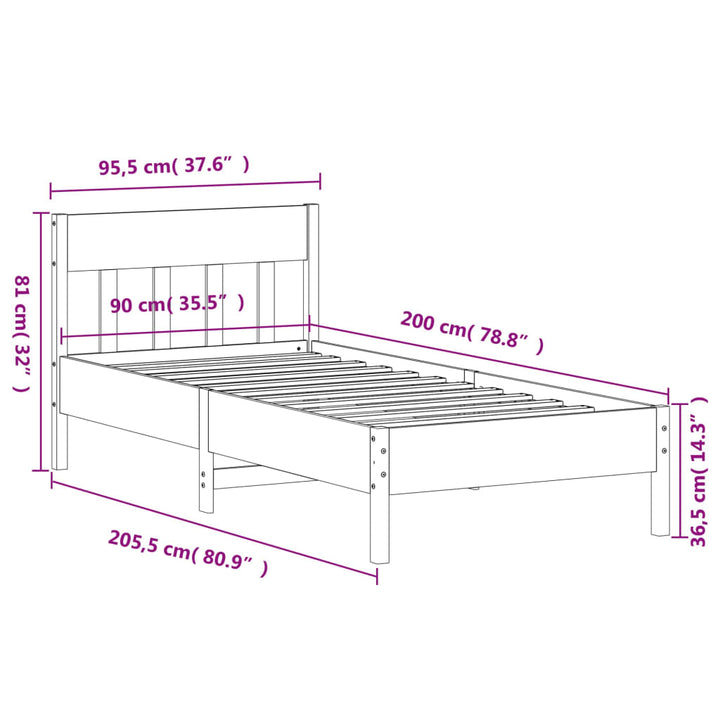sengeramme uden madras 90x200 cm massivt fyrretræ hvid