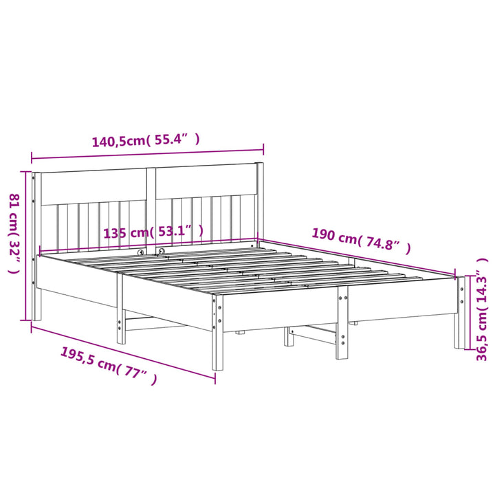sengeramme uden madras 135x190 cm massivt fyrretræ hvid