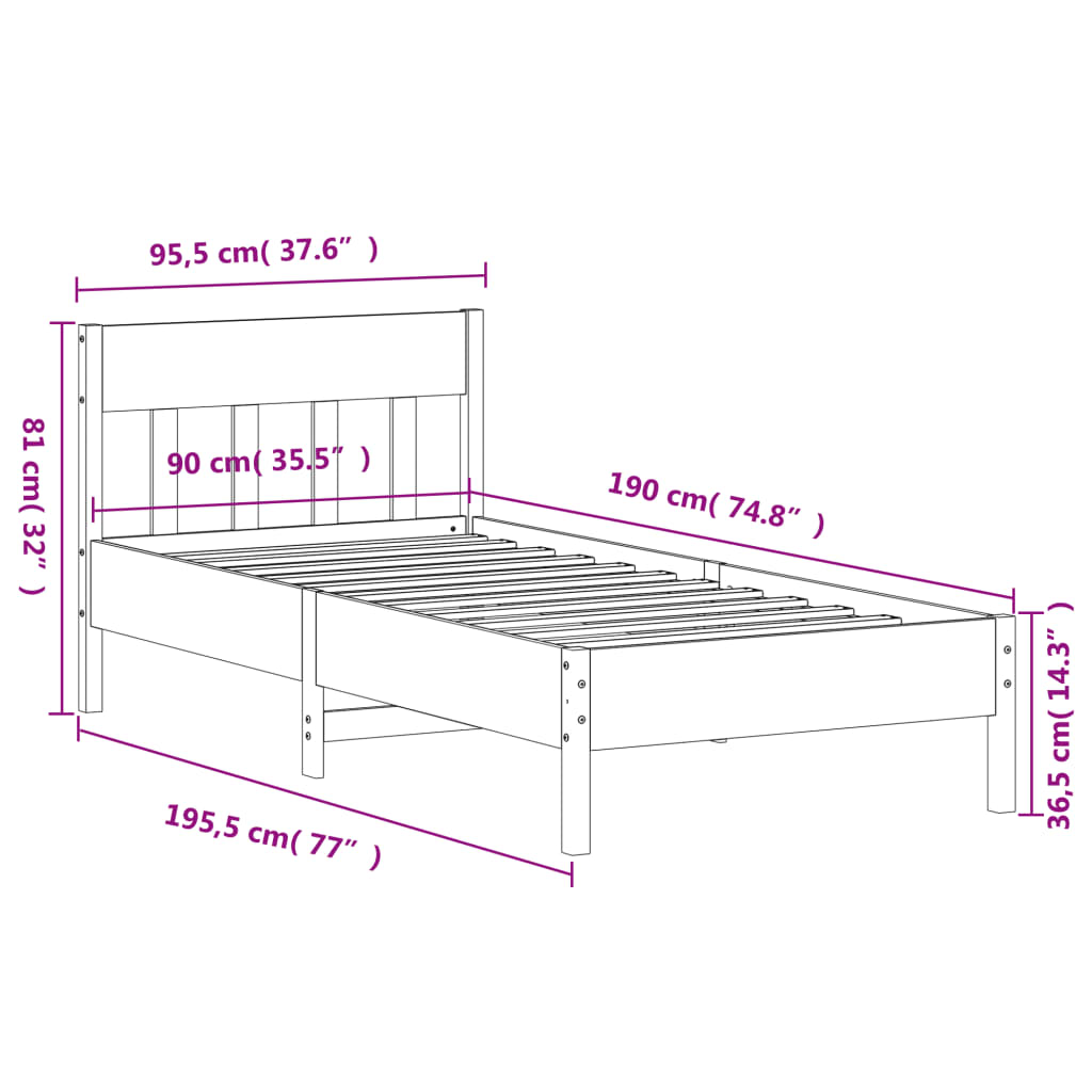 sengeramme uden madras 90x190 cm massivt fyrretræ hvid