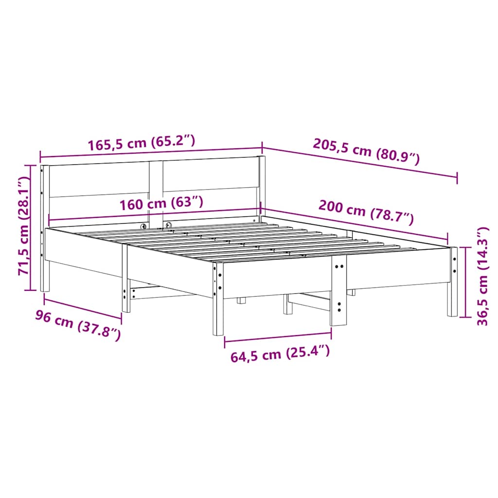 sengeramme uden madras 160x200 cm massivt fyrretræ hvid