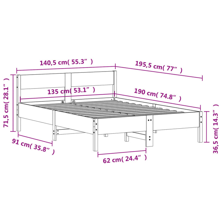 sengeramme uden madras 135x190 cm massivt fyrretræ hvid