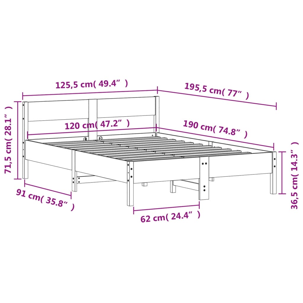 sengeramme uden madras 120x190 cm massivt fyrretræ gyldenbrun