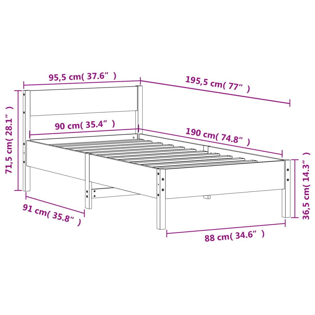 sengeramme uden madras 90x190 cm massivt fyrretræ