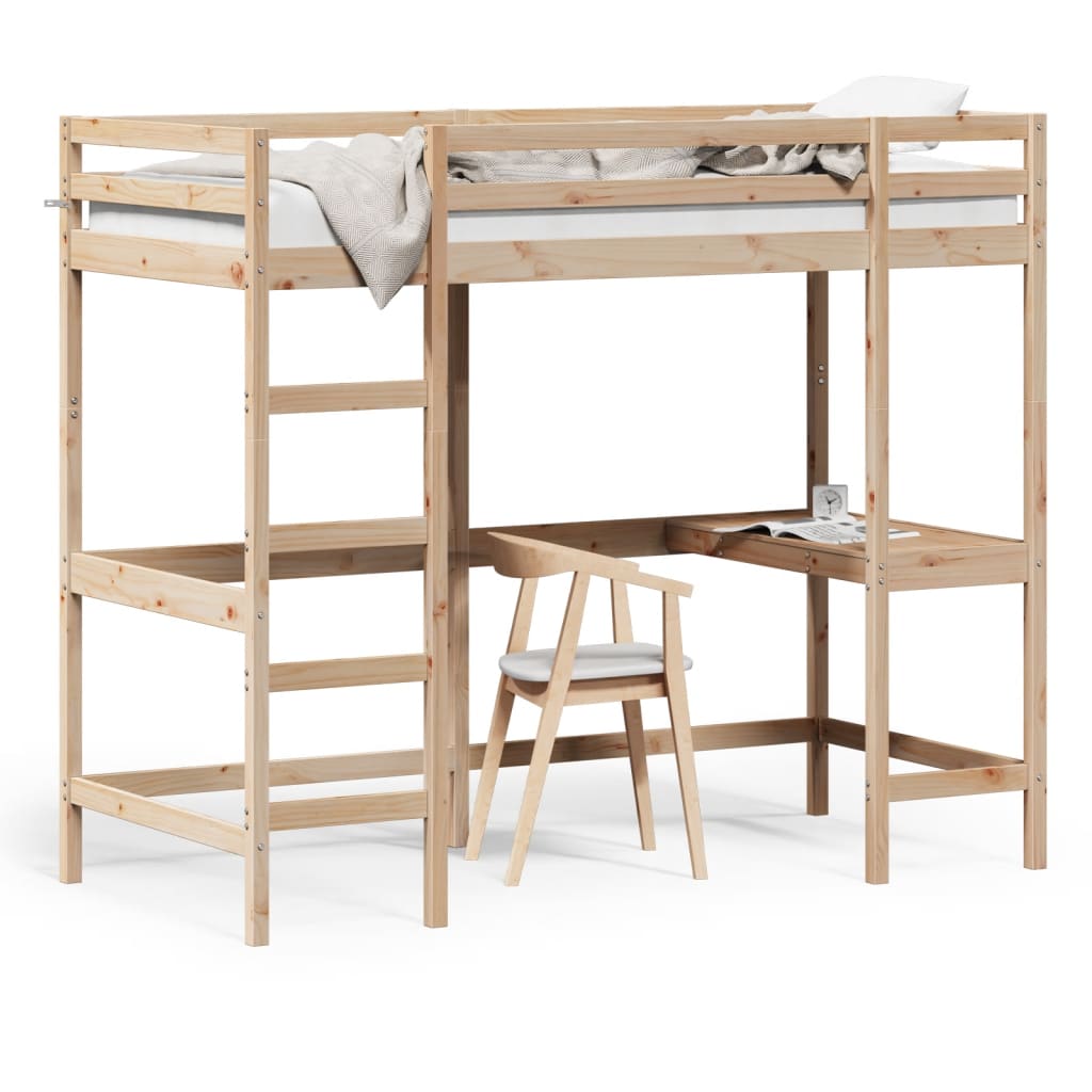 højseng med skrivebord 100x200 cm massivt fyrretræ