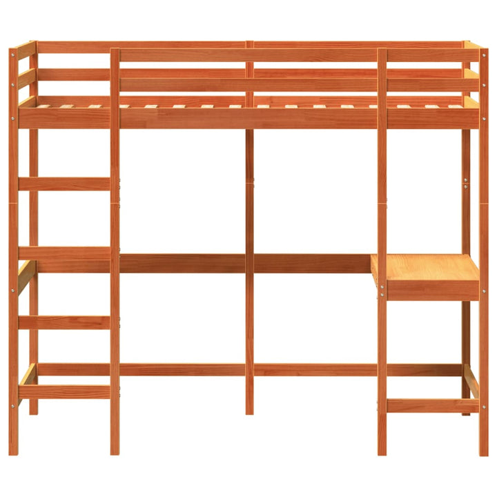 højseng med skrivebord 90x200 cm massivt fyrretræ gyldenbrun