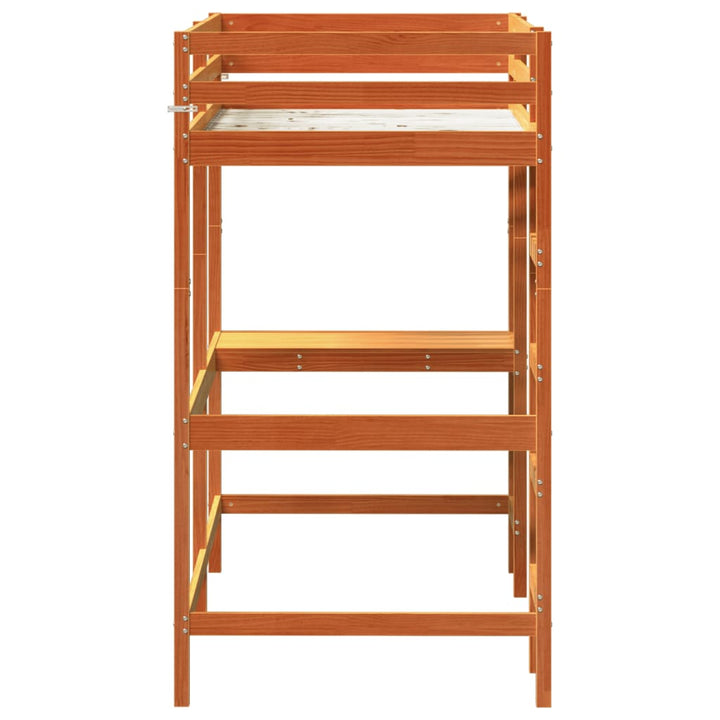 højseng med skrivebord 90x200 cm massivt fyrretræ gyldenbrun
