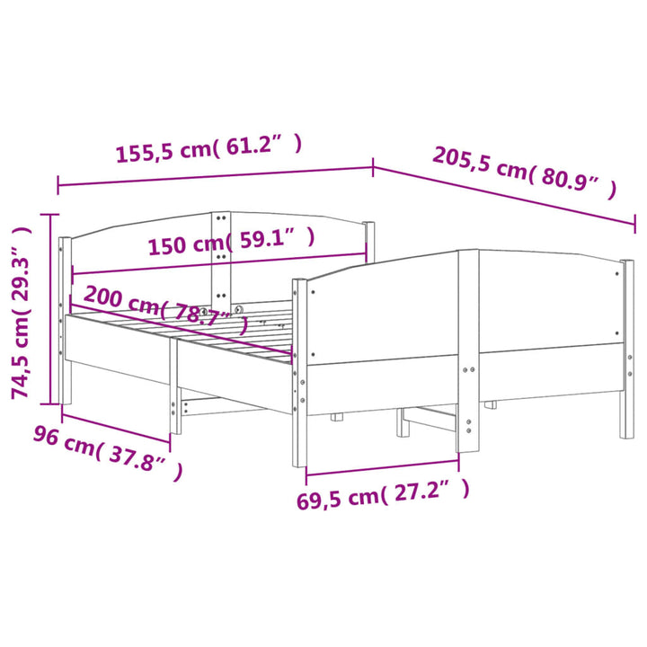 sengeramme uden madras 150x200 cm massivt fyrretræ hvid