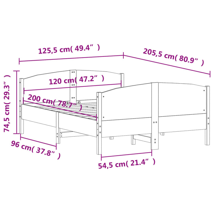 sengeramme uden madras 120x200 cm massivt fyrretræ hvid