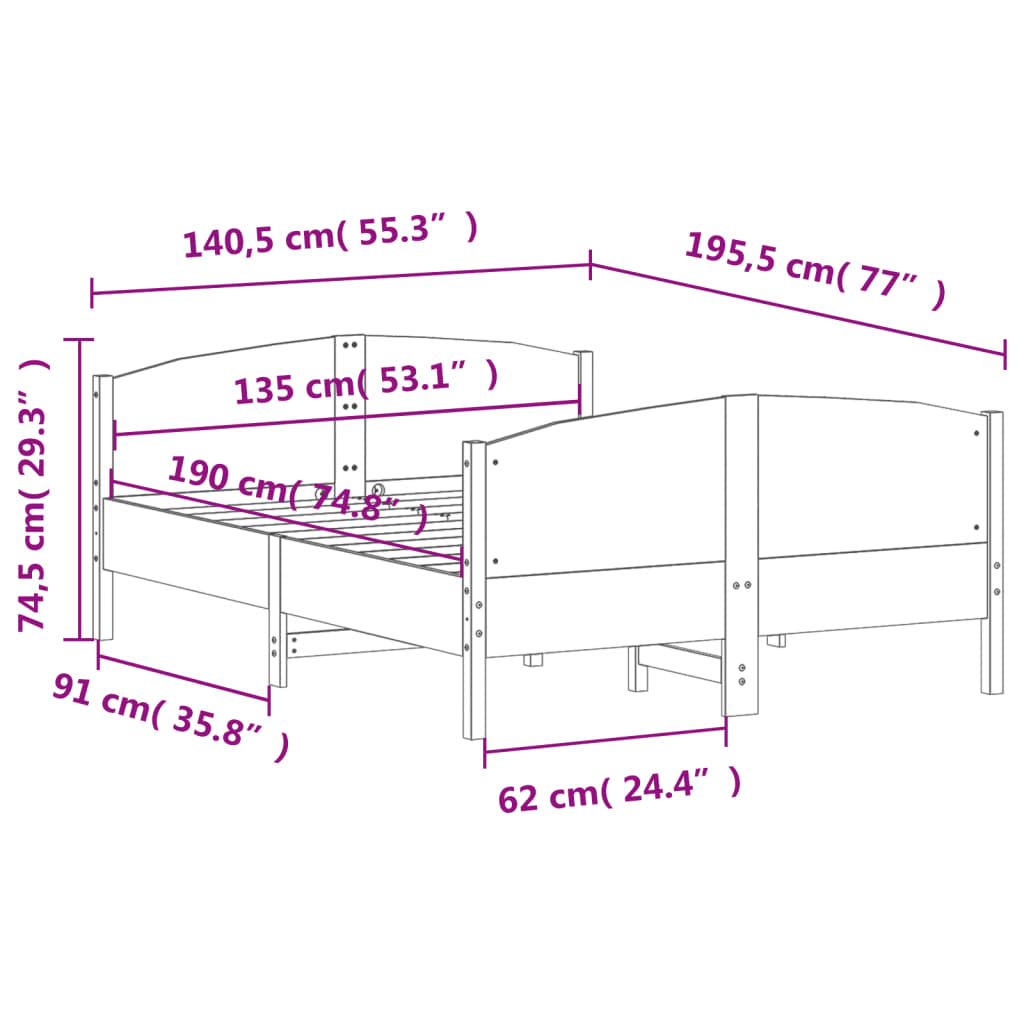 sengeramme uden madras 135x190 cm massivt fyrretræ brun