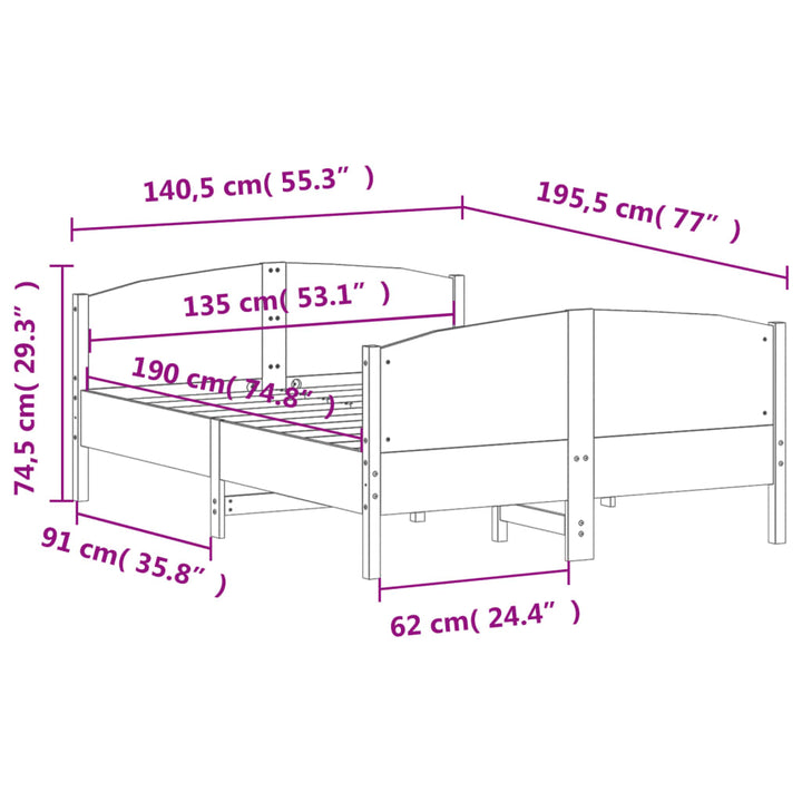 sengeramme uden madras 135x190 cm massivt fyrretræ brun