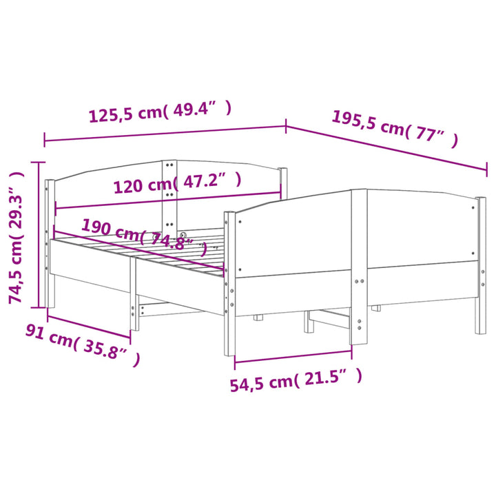 sengeramme uden madras 120x190 cm massivt fyrretræ hvid