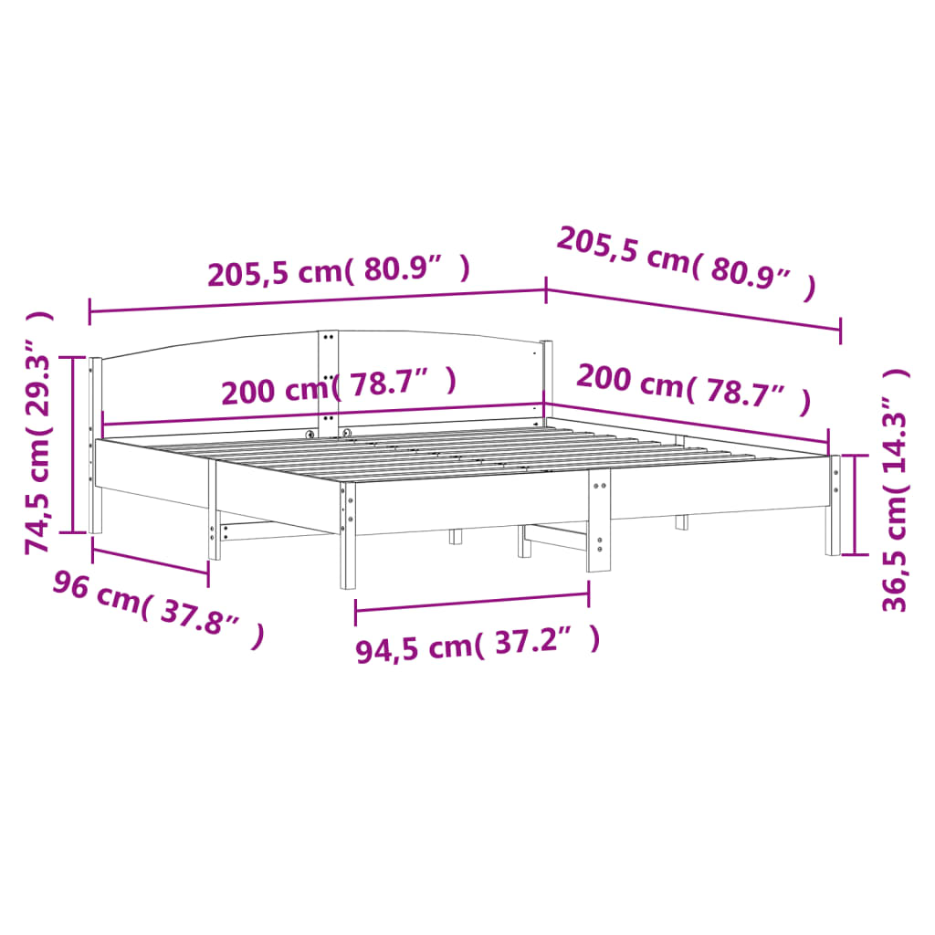 sengeramme uden madras 200x200 cm massivt fyrretræ hvid