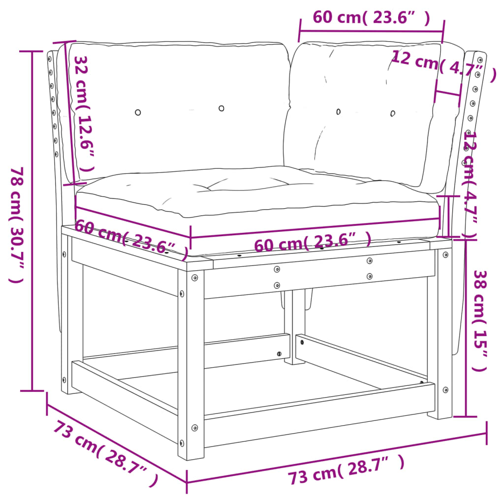 hjørnemodul til havesofa 73x73x78 cm m. hynder massivt fyrretræ