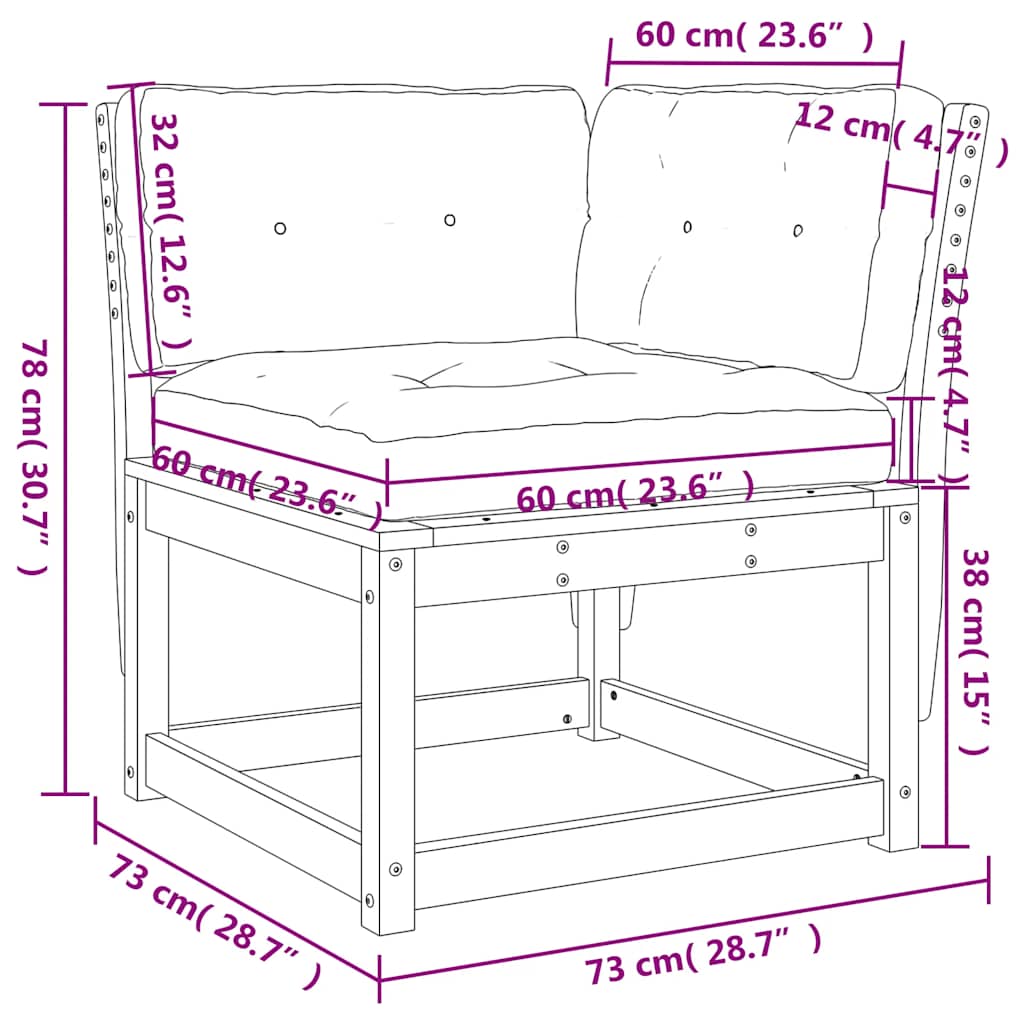 hjørnemodul til havesofa 73x73x78 cm m. hynder massivt fyr hvid