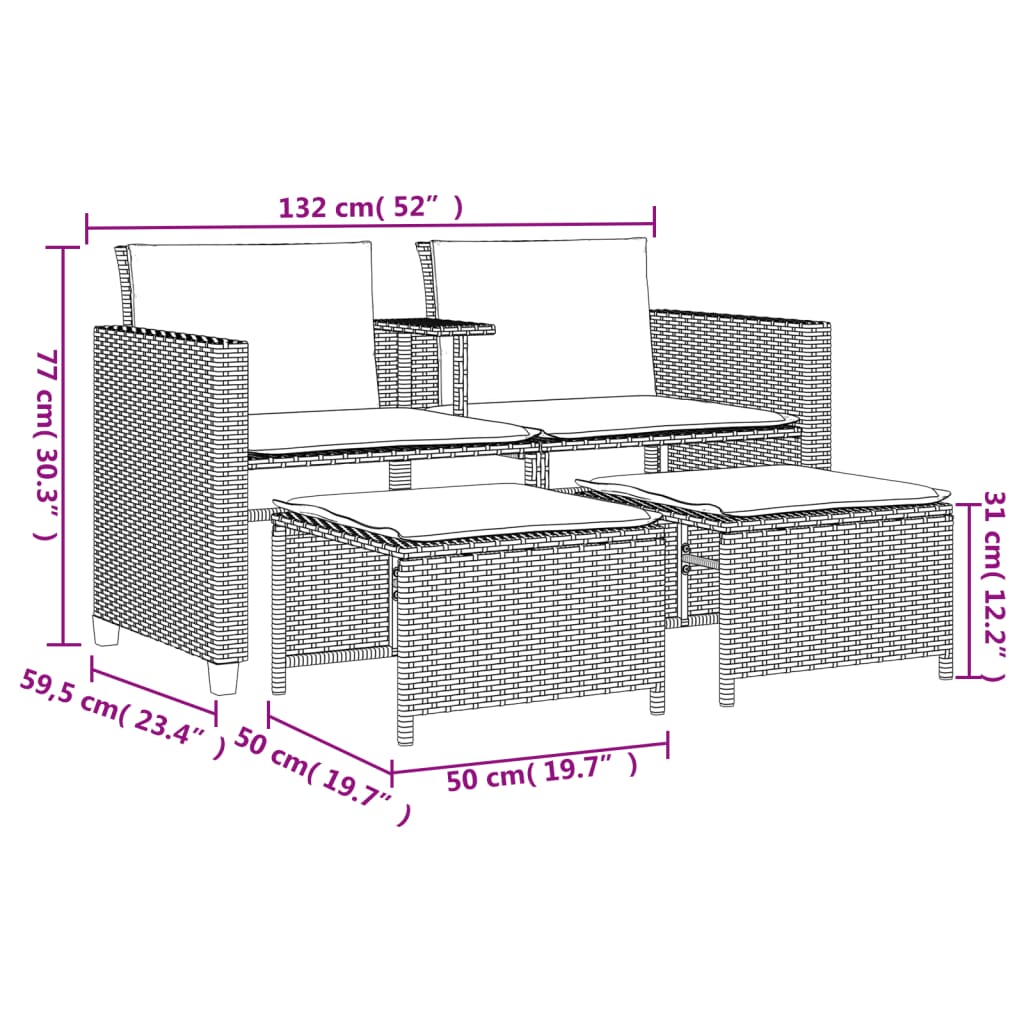 2-personers havesofa med bord og skamler polyrattan brun