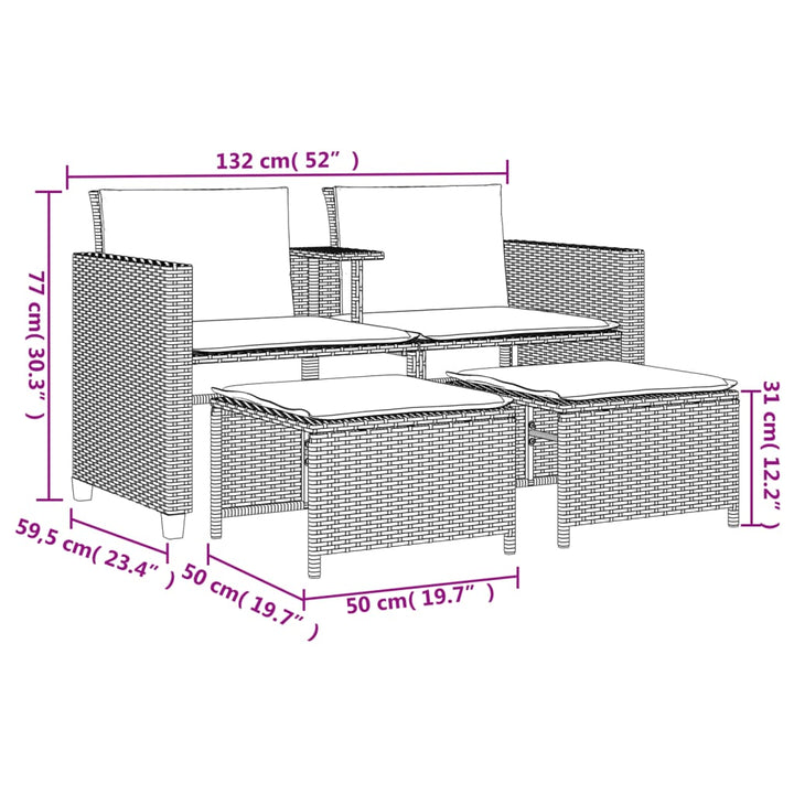 2-personers havesofa med bord og skamler polyrattan brun