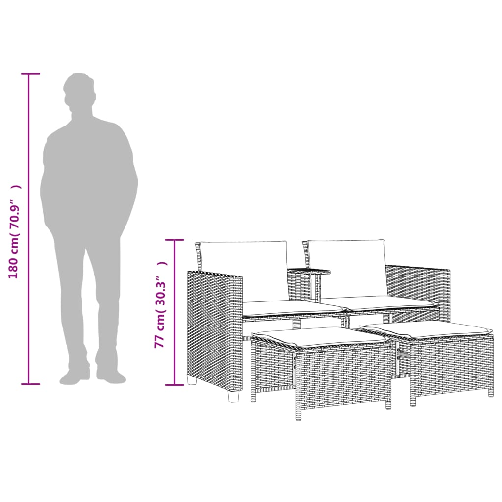 2-personers havesofa med bord og skamler polyrattan lysegrå