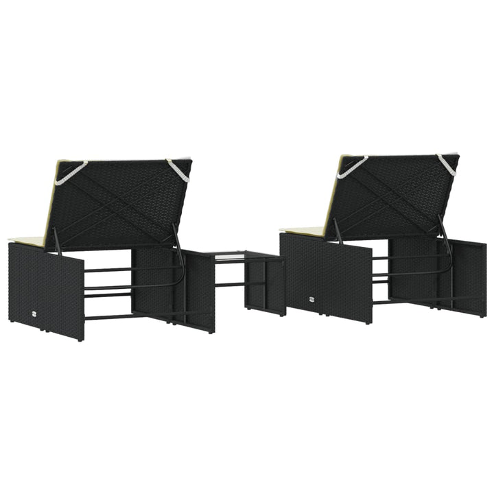 modulære liggestole 2 stk. med bord sort polyrattan