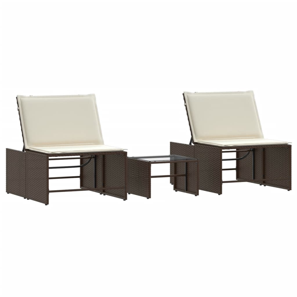 liggestole 2 stk. med bord brun polyrattan