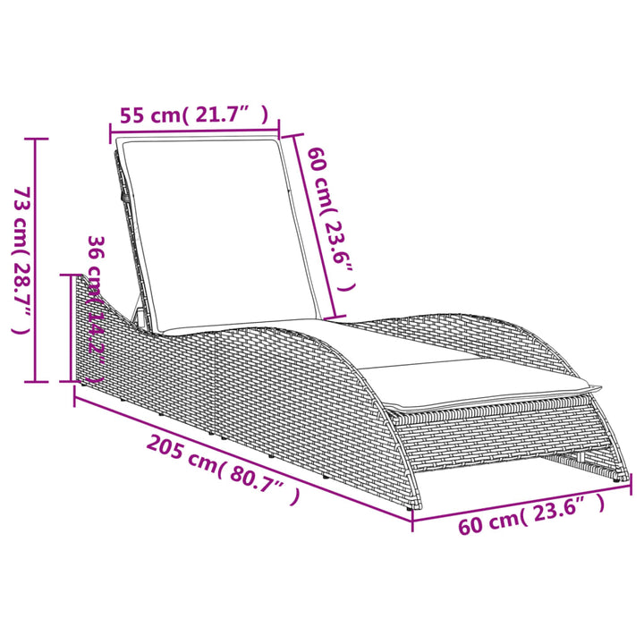 liggestol med hynde 60x205x73 cm polyrattan brun