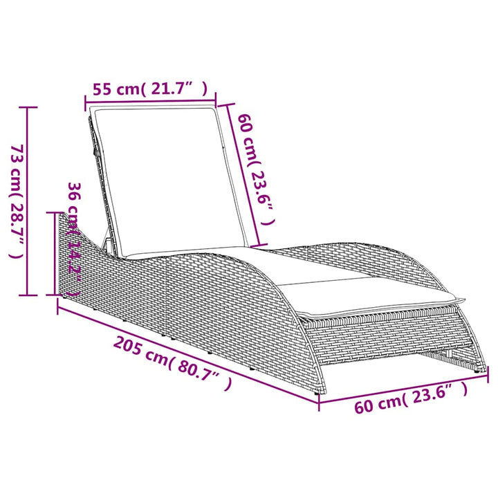 liggestol med hynde grå 60x205x73 cm polyrattan