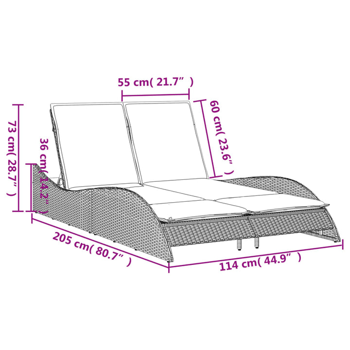liggestol med hynder 114x205x73 cm polyrattan brun
