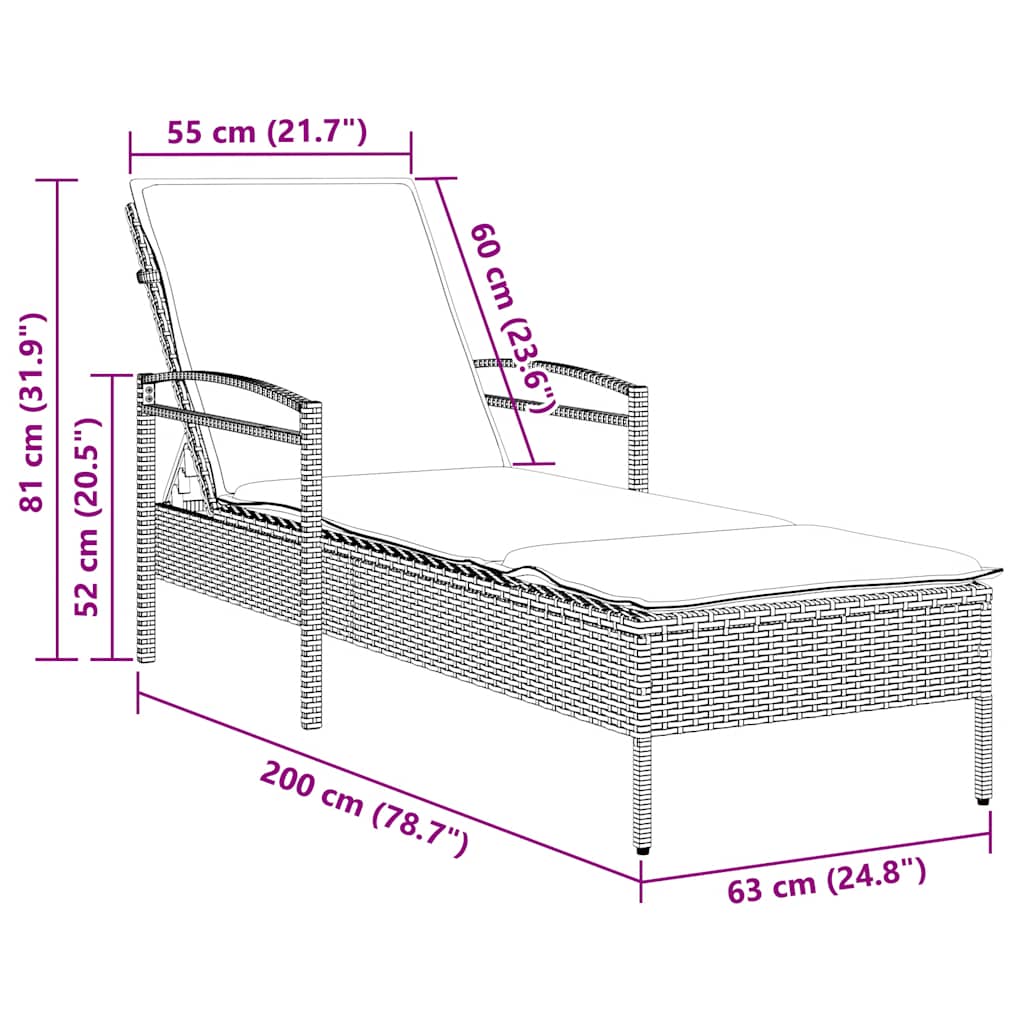 | Solstol | med pude 1-person Grå 63 x 200 x 81 cm polyrattan