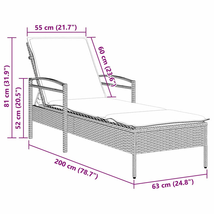 | Solstol | med pude 1-person Sort 63 x 200 x 81 cm polyrattan