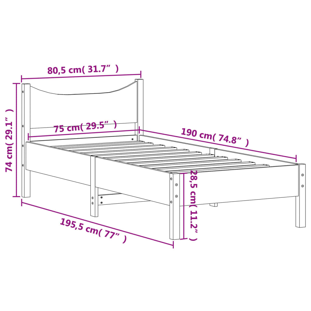 sengeramme uden madras 75x190 cm massivt fyrretræ