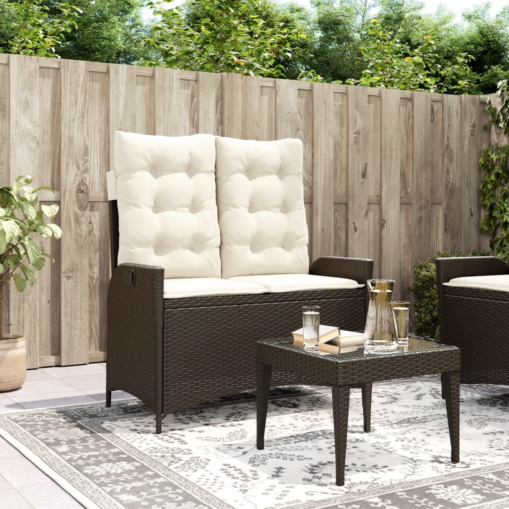 havebænk med hynder og lænefunktion polyrattan brun