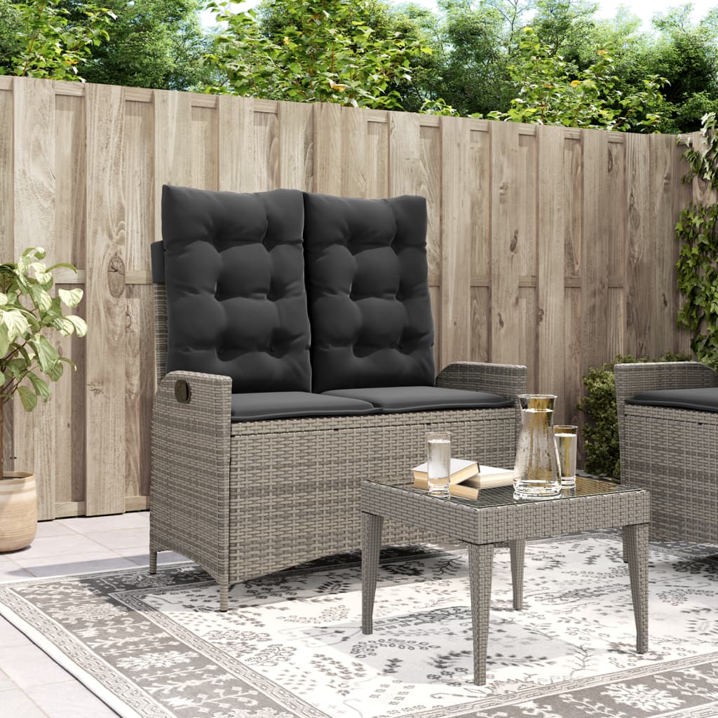 havebænk med hynder og lænefunktion polyrattan grå