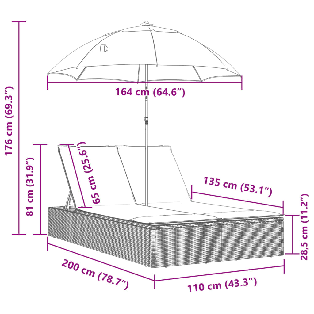 dobbelt loungesofa med hynder og parasol polyrattan lysegrå