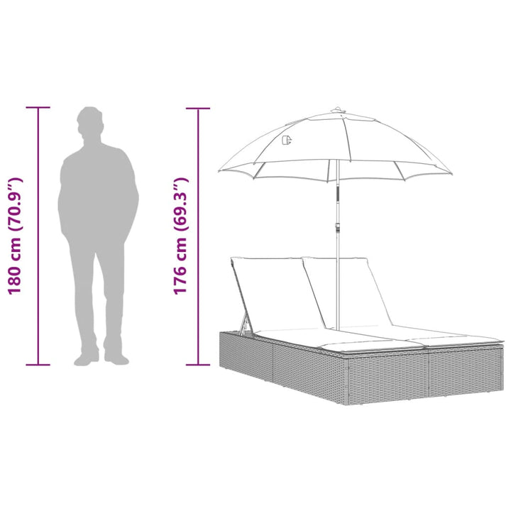dobbelt loungesofa med hynder og parasol polyrattan lysegrå
