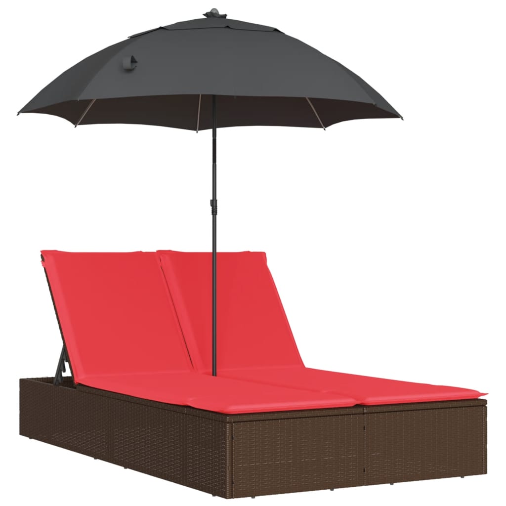 dobbelt loungesofa med hynder og parasol polyrattan brun