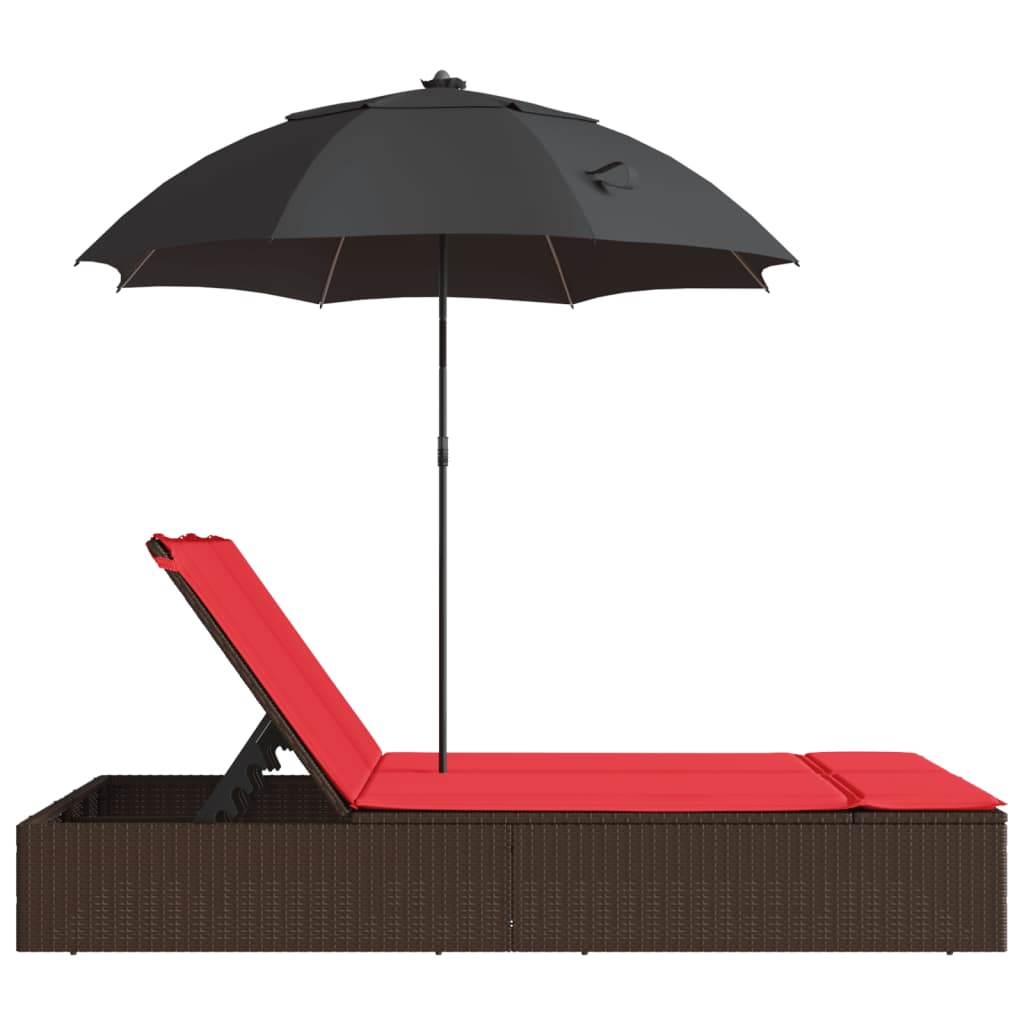 dobbelt loungesofa med hynder og parasol polyrattan brun