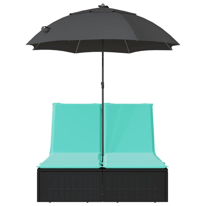 dobbelt loungesofa med hynder og parasol polyrattan sort
