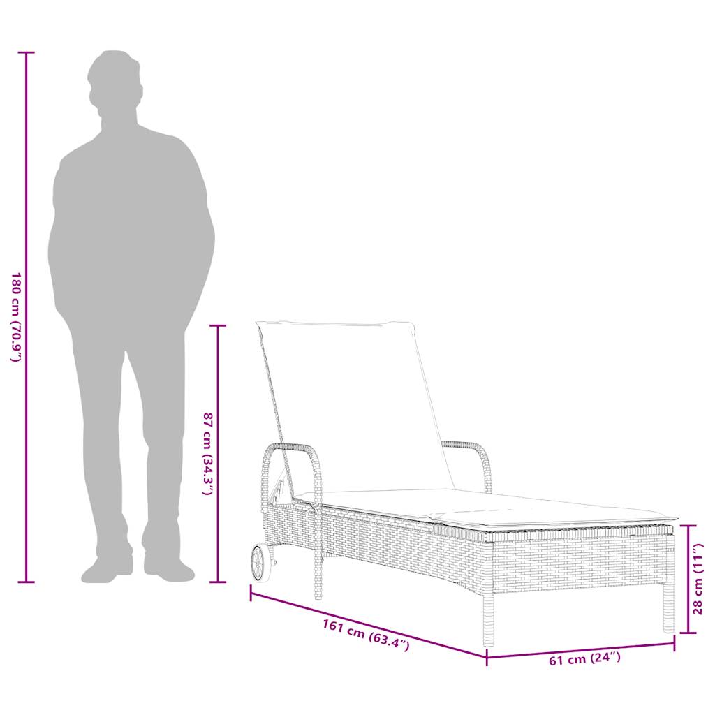 liggestol med hjul og hynder brun polyrattan